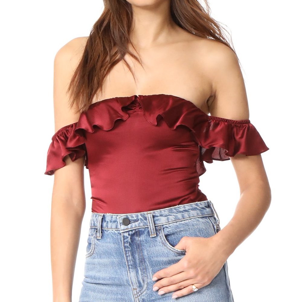 For Love & Lemons Silk Red Virgo Ruffle Thong Bodysuit